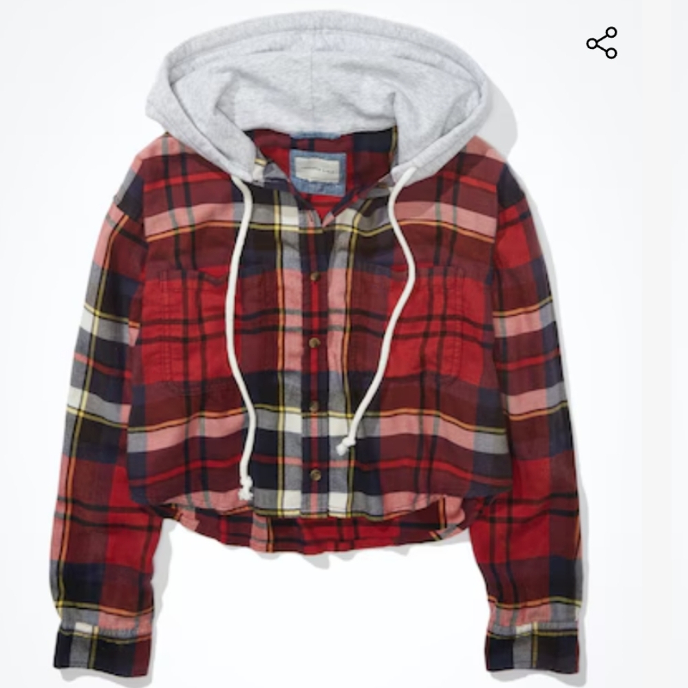 American Eagle Red Plaid Cropped Hooded‎ Long Sleeve Shirt, Size Small